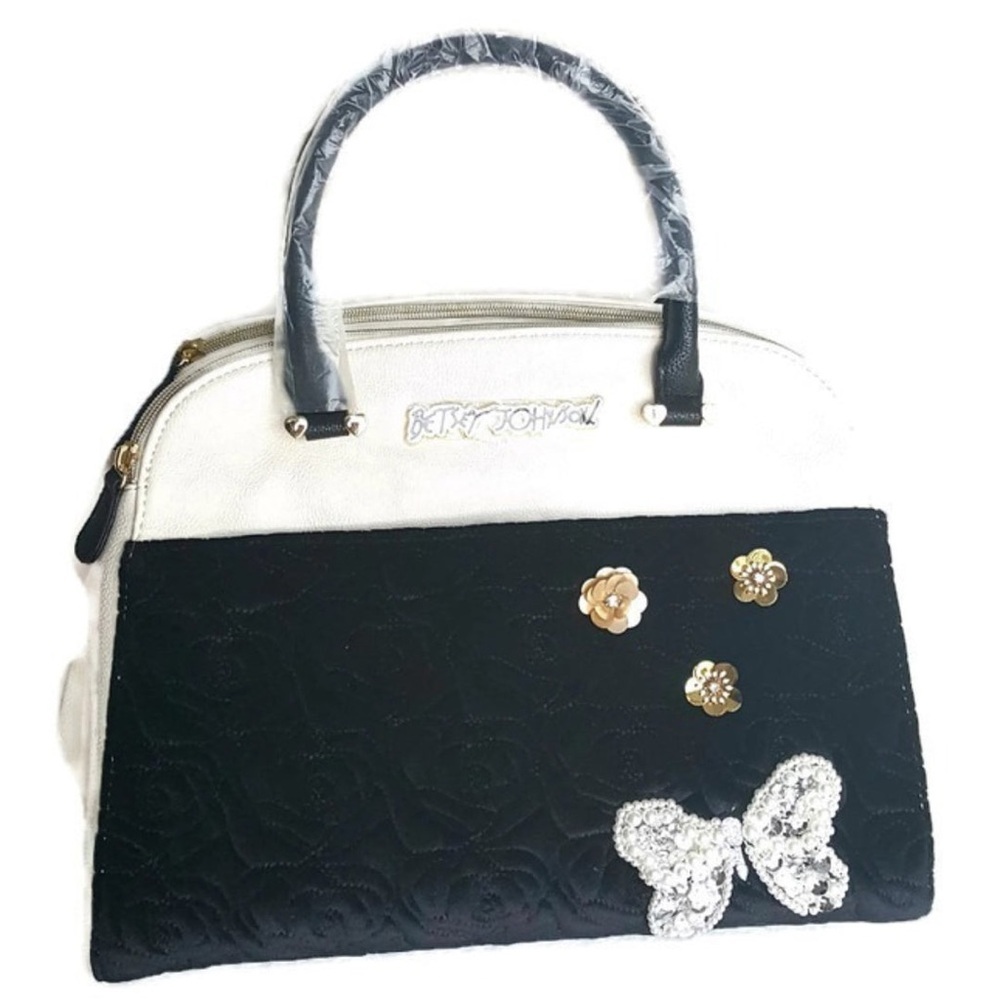 Betsey Johnson DOME TRIPLE COMPT Rose Quilted BLACK Cream Butterfly Velvet y2k